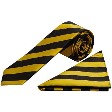 Black and Gold Striped Skinny Men's Tie and Pocket Square Set