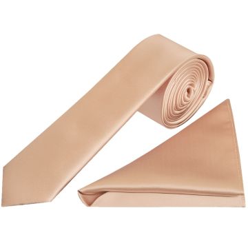Plain Nude Satin Skinny Men's Tie and Pocket Square Set