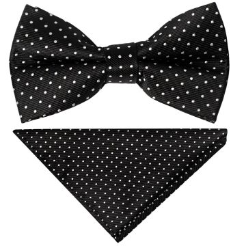 Pre Tied Black Polka Dot Boys Bow Tie and Pocket Square Set