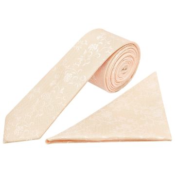 Light Peach and White Floral Skinny Boys Tie and Pocket Square Set