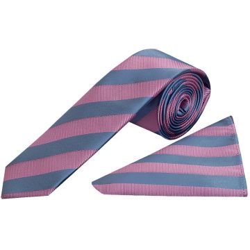 Pink and Light Blue Striped Skinny Men's Tie and Pocket Square Set