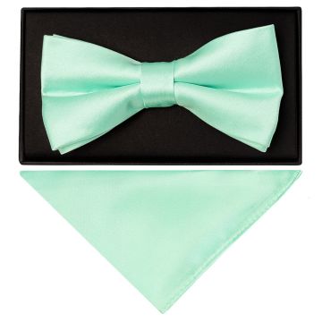 Plain Mint Green Hand Made Mens Bow Tie and Pocket Square Set