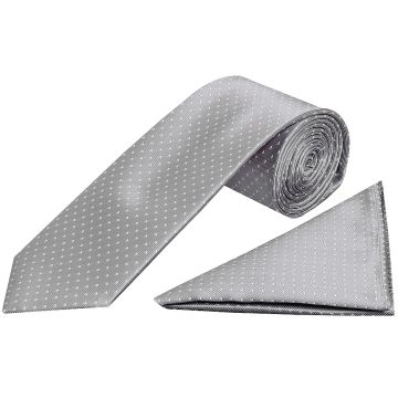 Silver and White Polka Dot Classic Men's Tie Pocket Square Set