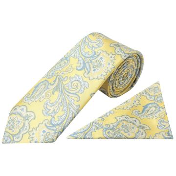 Yellow and Blue Paisley Classic Mens Tie and Pocket Square Set
