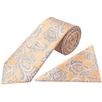 Peach and Blue Paisley Classic Mens Tie and Pocket Square Set
