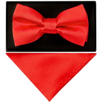 Handmade Bright Red Mens Bow Tie and Pocket Square Set