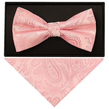 Light Pink Paisley Handmade Mens Bow Tie and Pocket Square Set