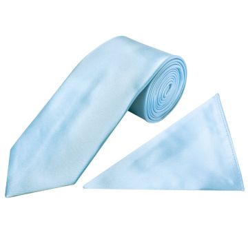 Plain Sky Blue Satin Classic Men's Tie and Pocket Square Set