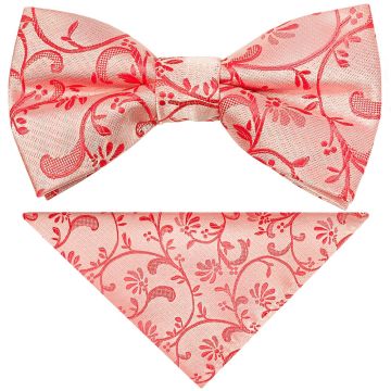 Pre Tied Coral Pink Floral Boys Bow Tie and Pocket Square Set