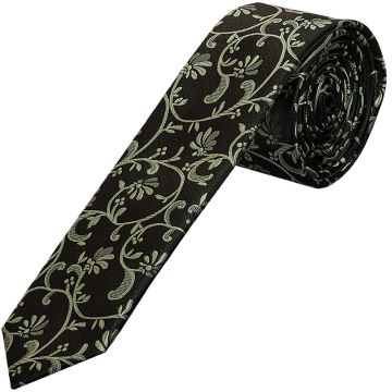 Black with Sage Green Floral Skinny Men's Tie