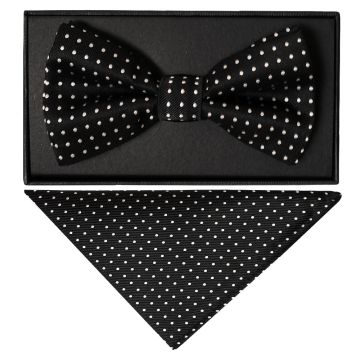 Hand Made Black And White Polka Dot Mens Bow Tie and Pocket Square Set