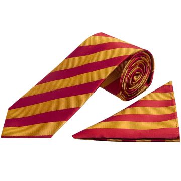 Red and Gold Striped Classic Men's Tie and Pocket Square Set
