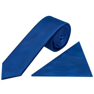 Royal Blue Silk Twill Skinny Mens Tie and Pocket Square Set