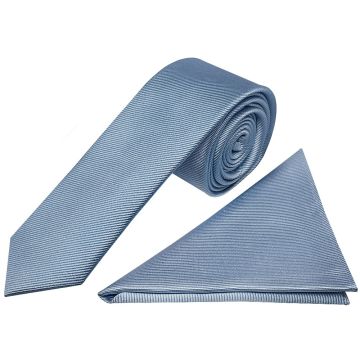 Light Blue Silk Twill Skinny Mens Tie and Pocket Square Set
