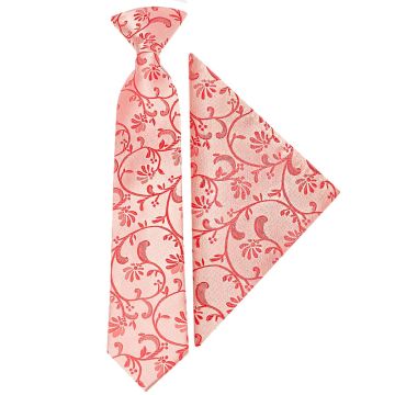Pre Tied Coral Pink Floral Boys Tie and Pocket Square Set Age 4-7