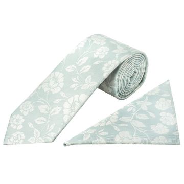 Duck Egg with White Floral Silk Classic Tie and Pocket Square Set