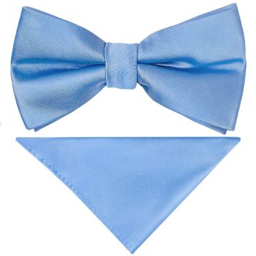 Pre Tied Plain Steel Blue Satin Boys Bow Tie and Pocket Square Set Age 8-11 