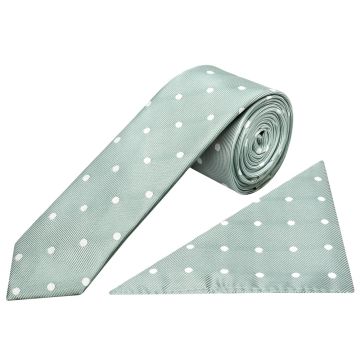 Light Green Large White Spot Skinny Men's Tie and Pocket Square Set