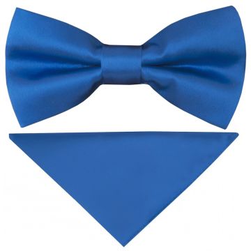 Pre Tied Electric Blue Satin Boys Bow Tie and Pocket Square Set