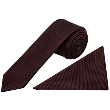 Burgundy Silk Twill Skinny Mens Tie and Pocket Square Set