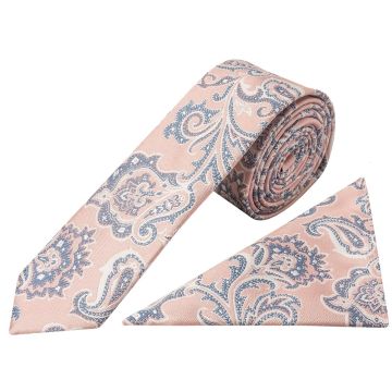 Pink and Blue Paisley Skinny Mens Tie and Pocket Square Set