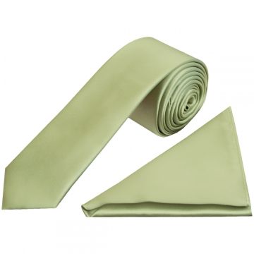 Plain Sage Green Satin Skinny Boys Tie and Pocket Square Set