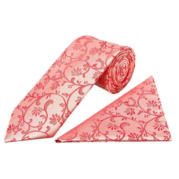 Coral Pink Floral Classic Men's Tie and Pocket Square Set