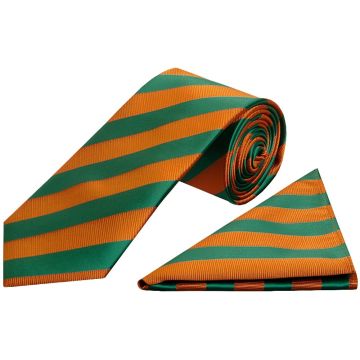 Orange and Green Striped Classic Men's Tie and Pocket Square Set