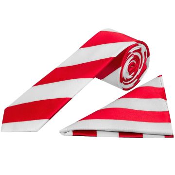 Red and White Striped Hand Made Skinny Men's Football Tie and Pocket Square Set