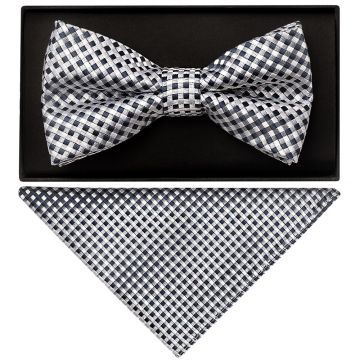 Silver Diamond Neat Mens Bow Tie and Pocket Square Set