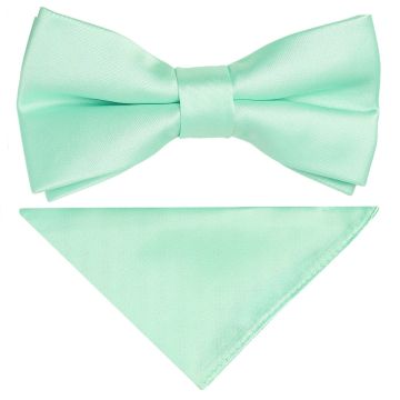 Pre Tied Mint Green Satin Boys Bow Tie and Pocket Square Set