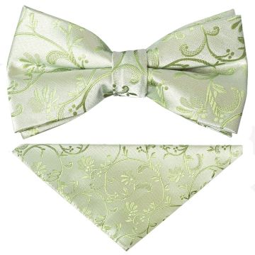 Pre Tied Sage Green Floral Boys Bow Tie and Pocket Square Set Age 4-7