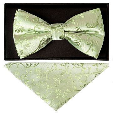 Sage Green Floral Handmade Mens Bow Tie and Pocket Square Set