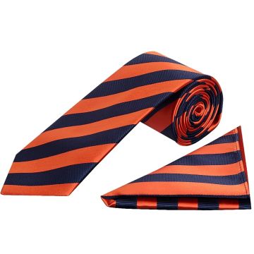 Navy and Orange Striped Classic Men's Tie and Pocket Square Set