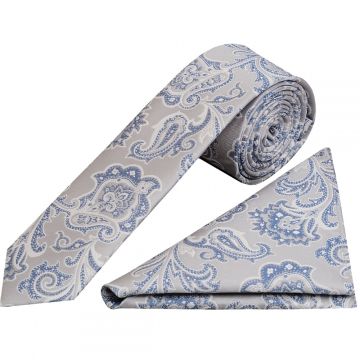 Silver and Blue Paisley Skinny Men's Tie and Pocket Square Set