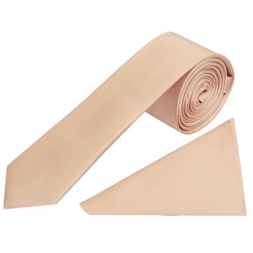 Plain Light Peach Satin Silk Skinny Men's Tie and Pocket Square Set