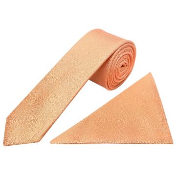 Plain Peach Textured Silk Skinny Men's Tie and Pocket Square Set