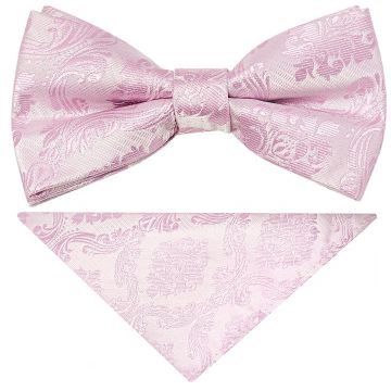 Pre Tied Light Dusty Pink Paisley Boys Bow Tie and Pocket Square Set