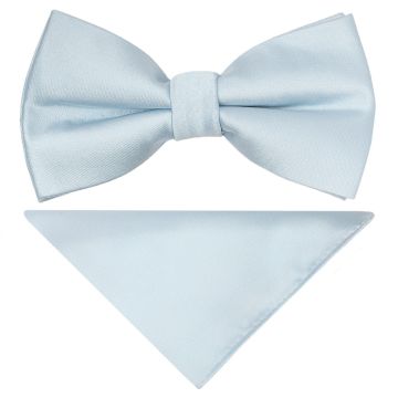 Pre Tied Plain Misty Blue Satin Boys Bow Tie and Pocket Square Set Age