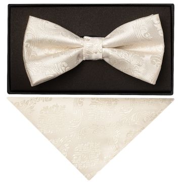Ivory Paisley Handmade Mens Bow Tie and Pocket Square Set