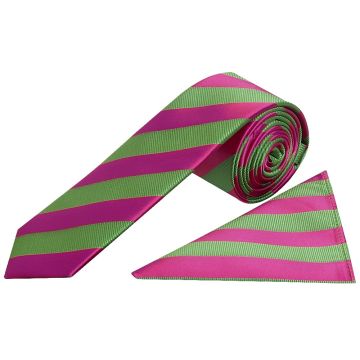 Pink and Lime Striped Skinny Men's Tie and Pocket Square Set