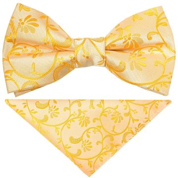 Pre Tied Bright Yellow Floral Boys Bow Tie and Pocket Square Set