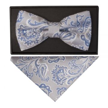 Silver and Blue Paisley Handmade Mens Bow Tie and Pocket Square Set