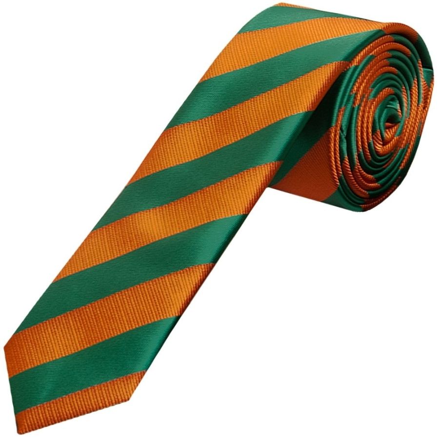 Orange and Green Striped Skinny Men's Tie and Pocket Square Set