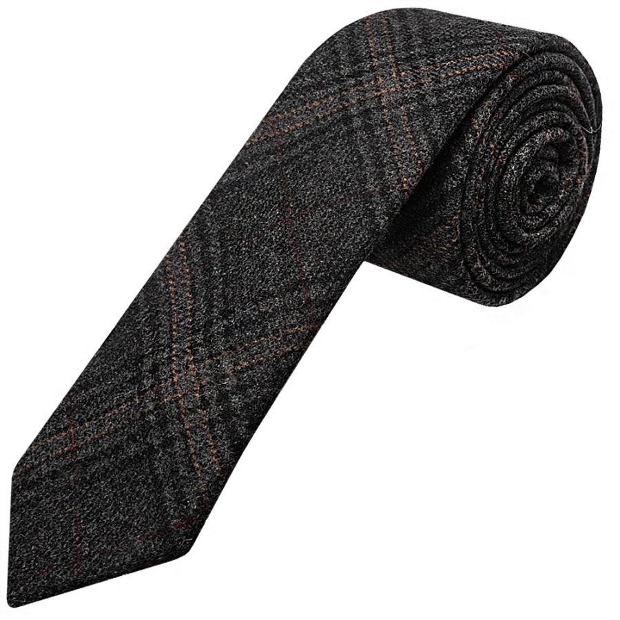 Dark Grey Check Tweed Skinny Men's Tie and Pocket Square
