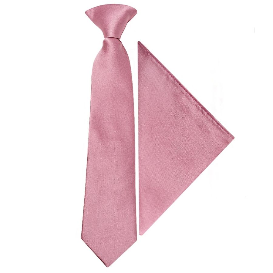 Pre Tied Dusty Pink Satin Boys Tie and Pocket Square Set Age 4-7