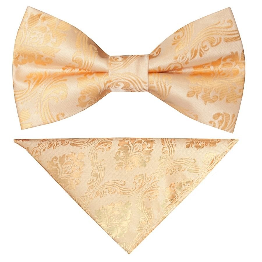 Pre Tied Peach Paisley Boys Bow Tie and Pocket Square Set