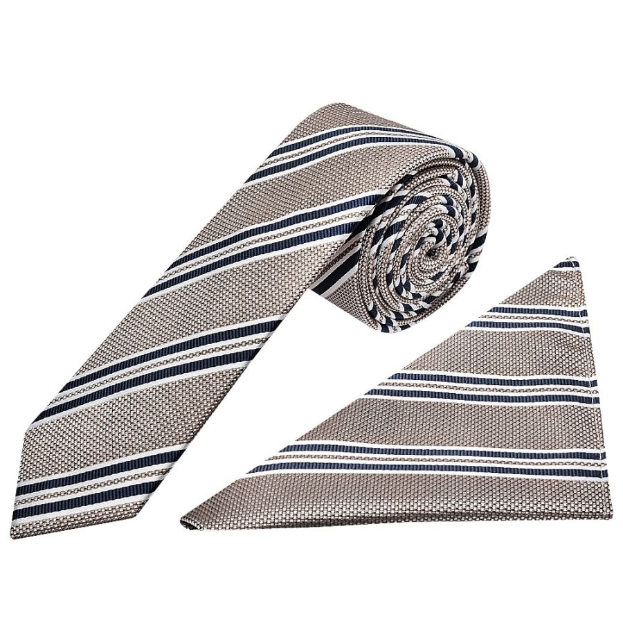 Silver Twin Stripe Skinny Men's Tie and Pocket Square Set
