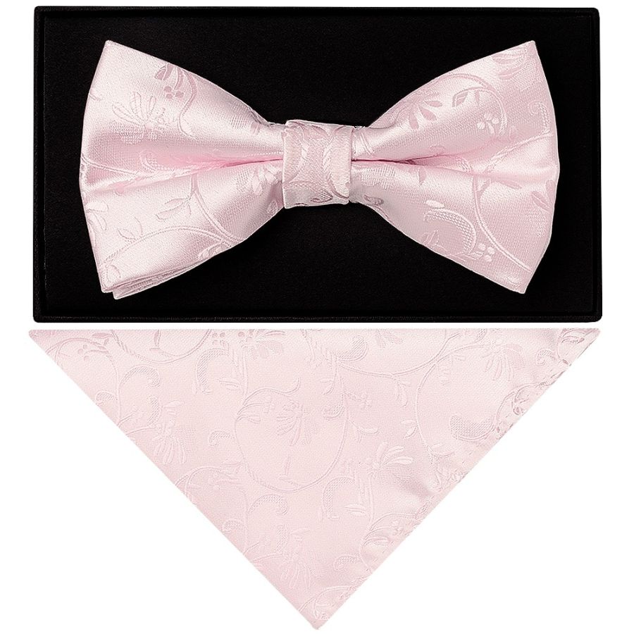 Blush Pink Floral Handmade Mens Bow Tie and Pocket Square Set