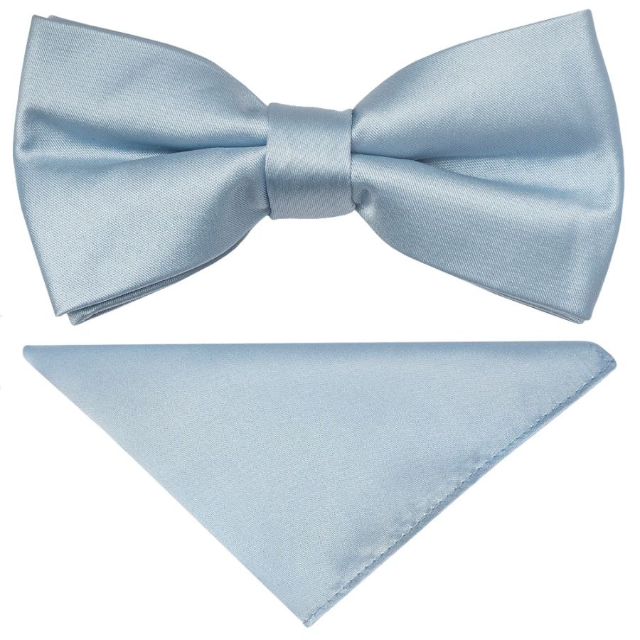 Pre Tied Light Blue Satin Boys Bow Tie and Pocket Square Set